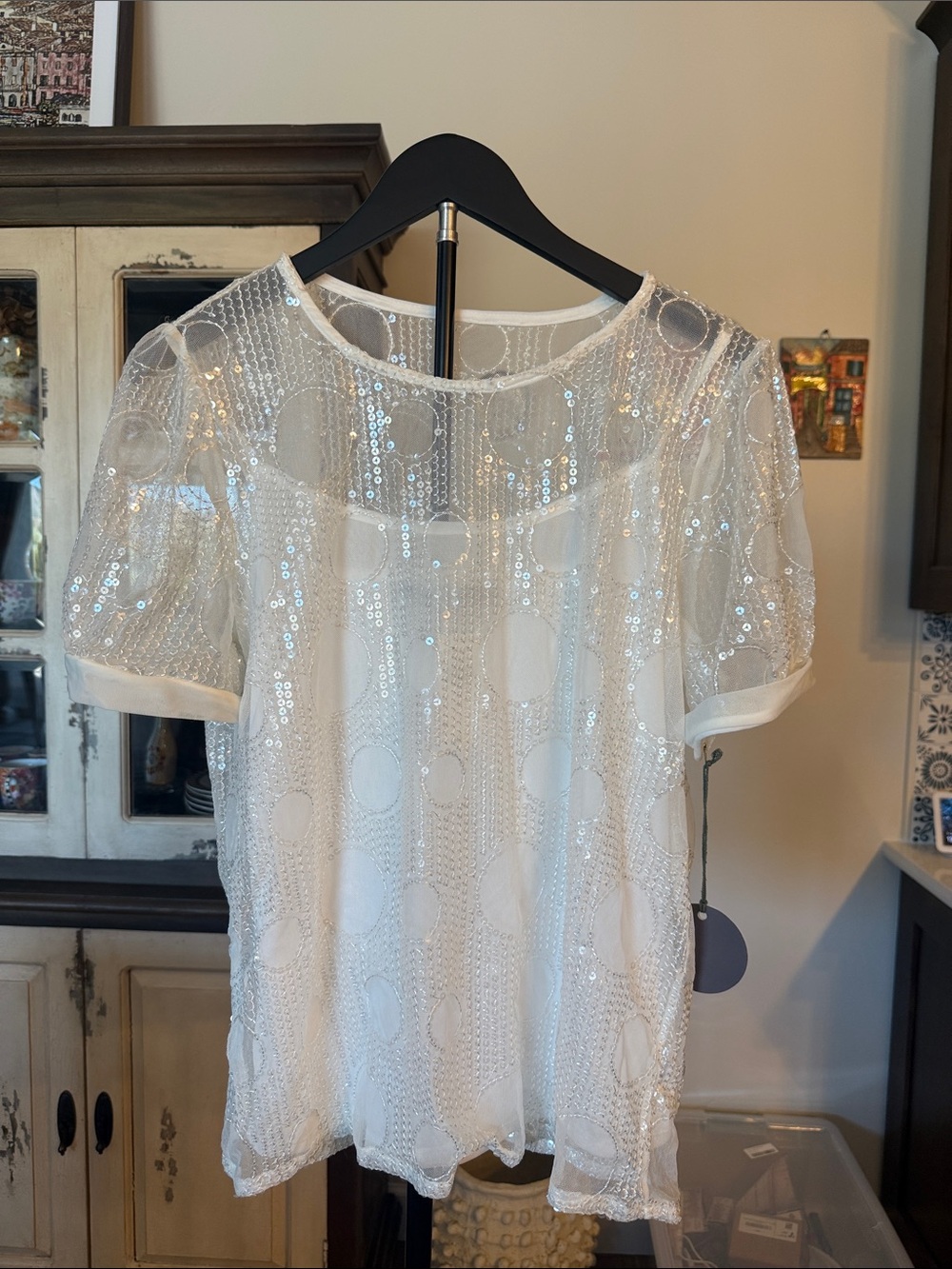 Eva Franco for Anthropologie White Sequin Dot Short Sleeve Blouse